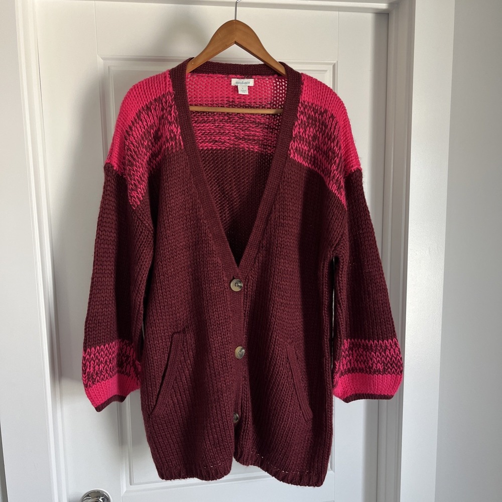 Sundance Chunky Knit Cardigan Sweater Burgundy Wool Blend Oversized L Preppy - Picture 3 of 16